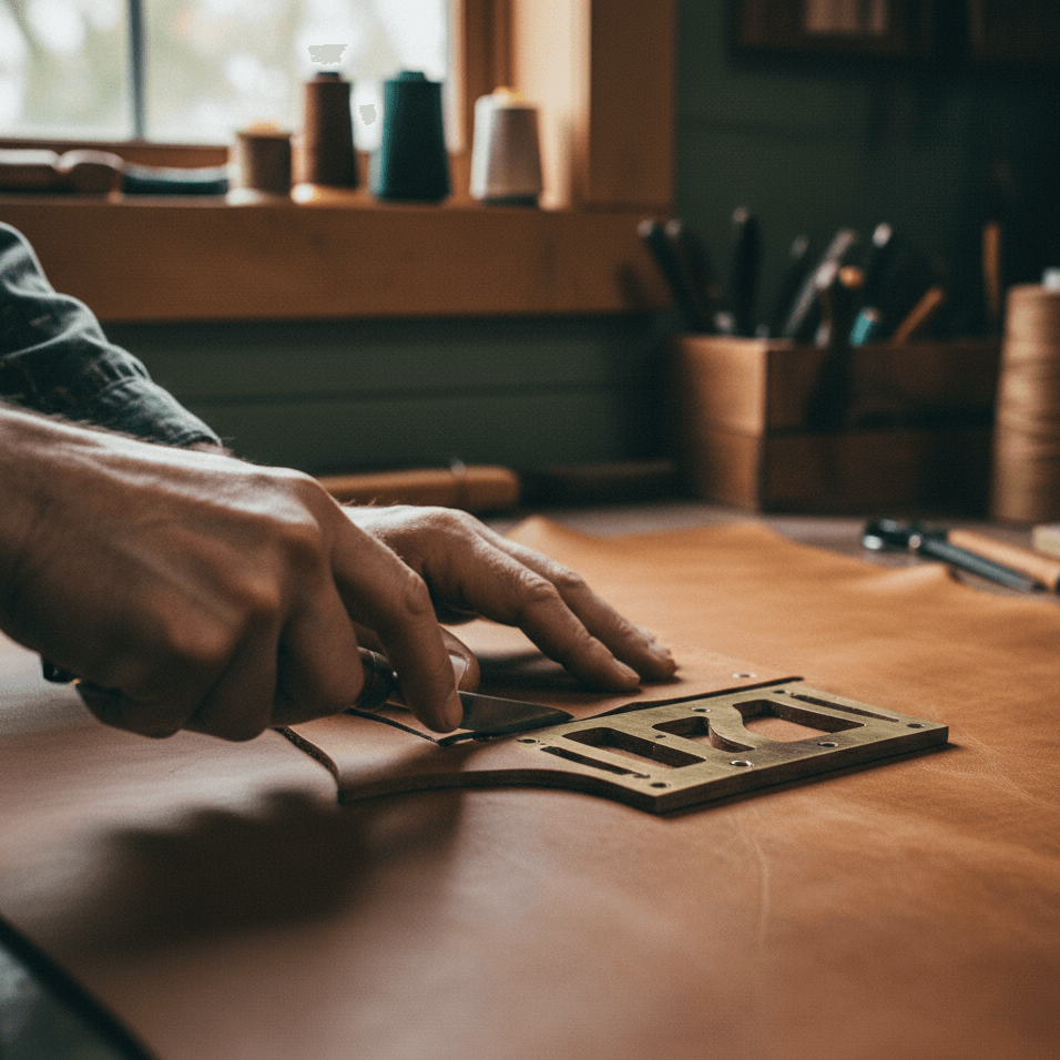 Hand cutting leather with tools