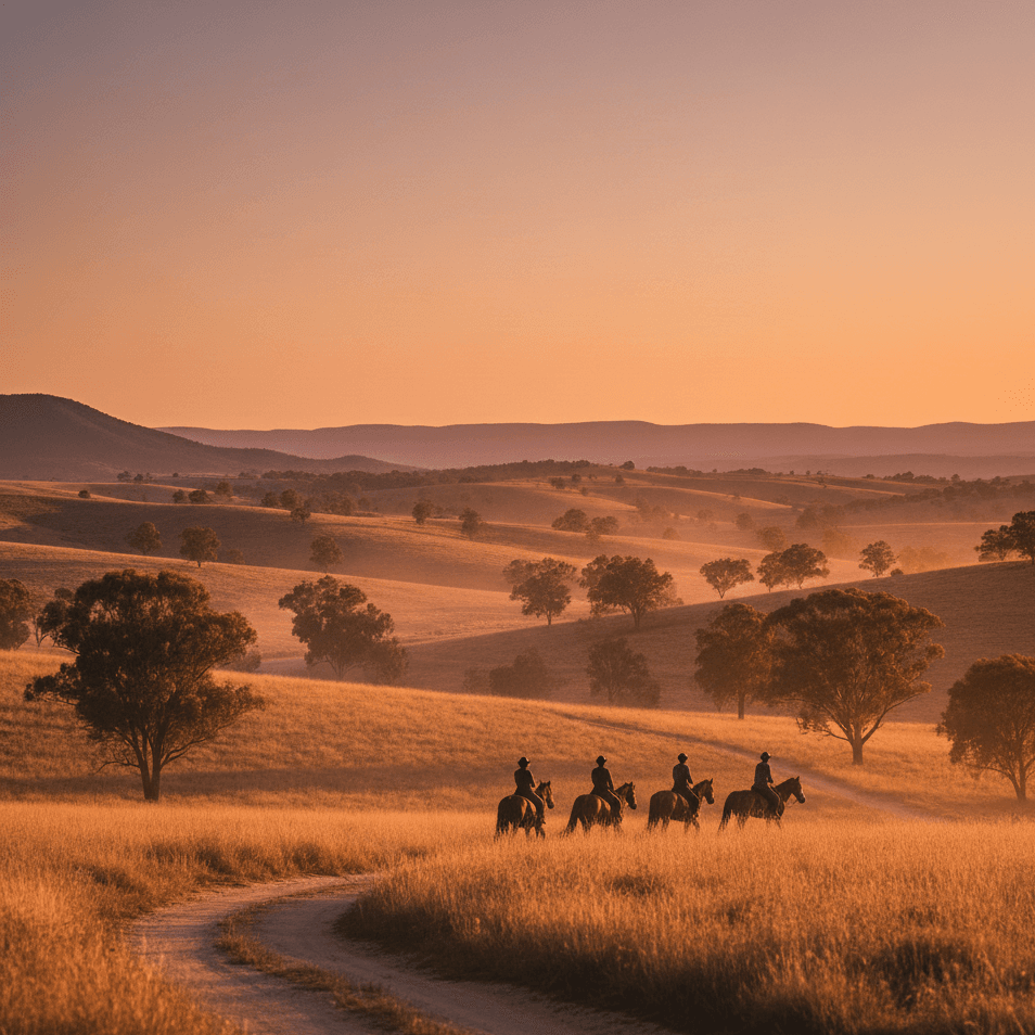 Silhouetted riders against sunset landscape.
