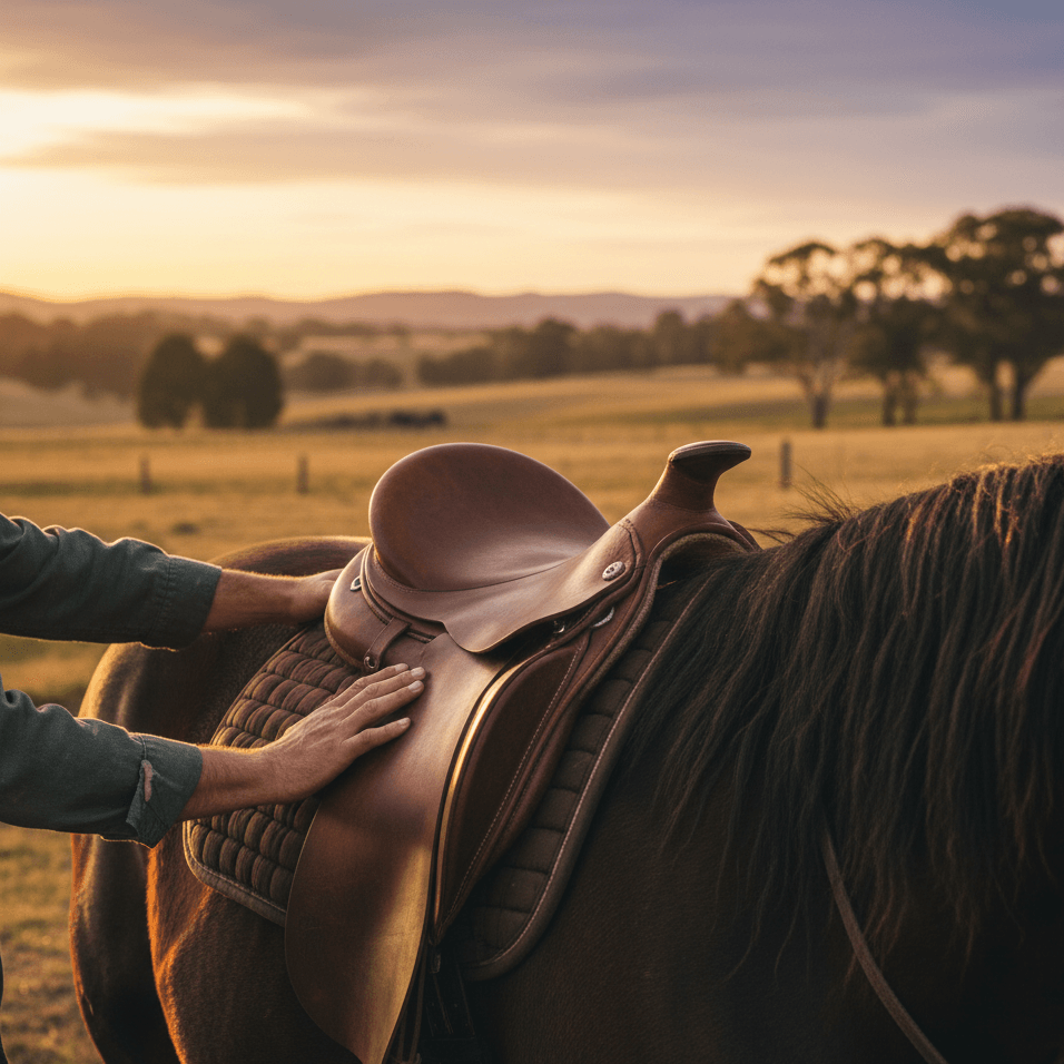 Hands adjusting horse saddle